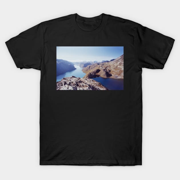 Lake and Mountain Landscape in Scandinavian National Park T-Shirt by visualspectrum